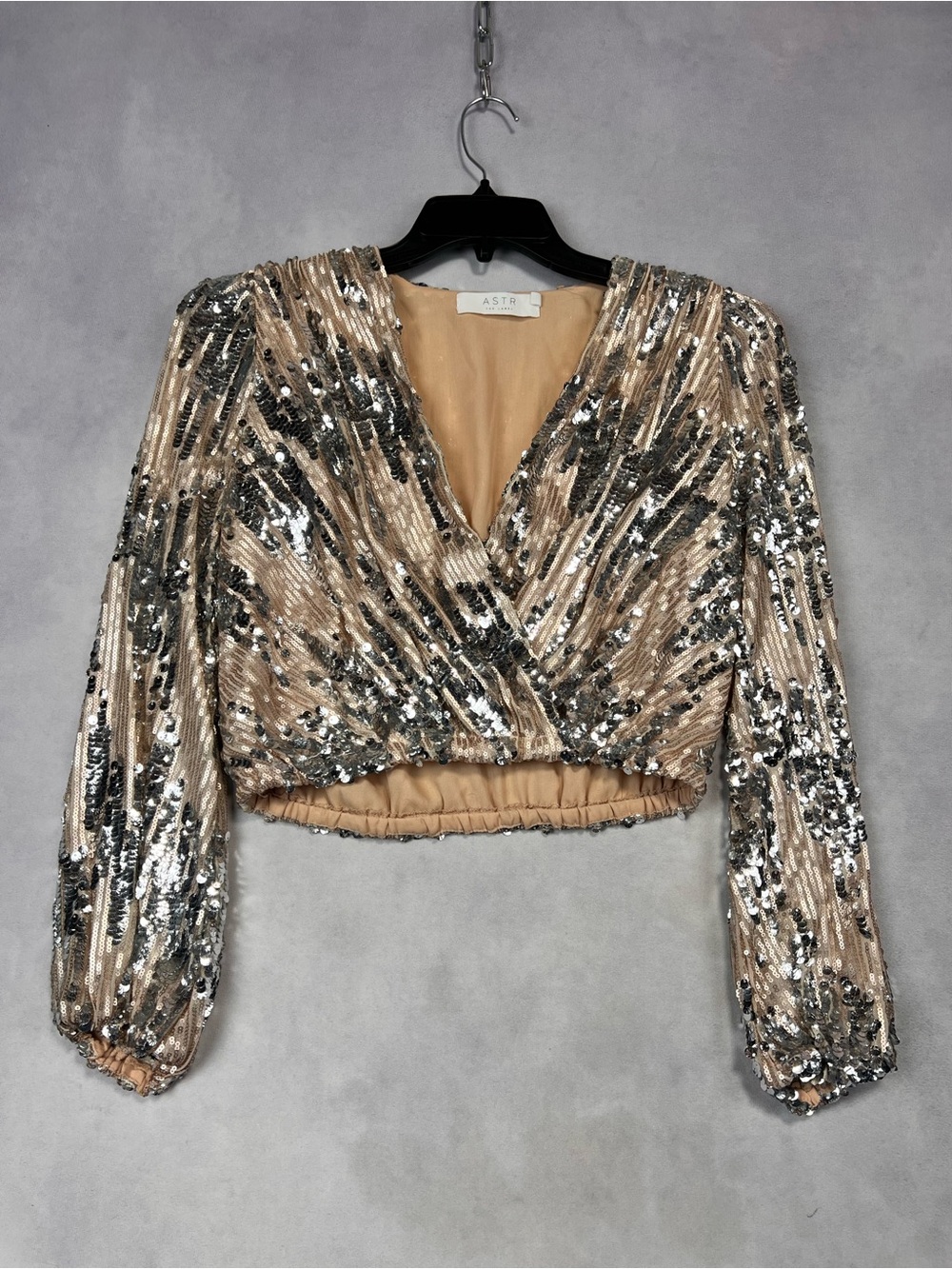 ASTR Beige and Silver Sequin Wrap Crop Top